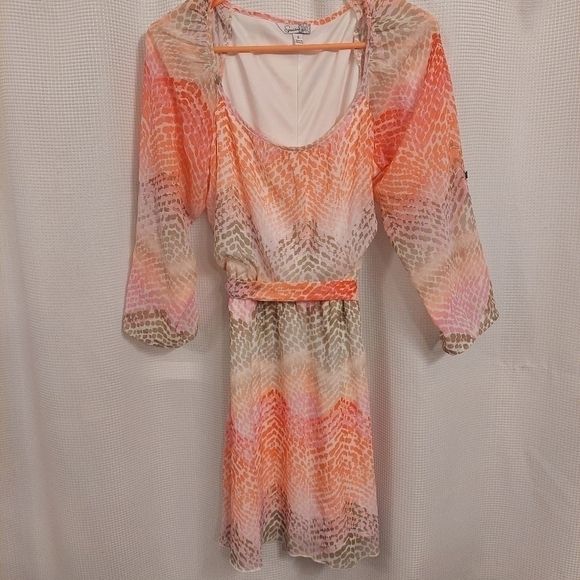 SPEECHLESS dress. Color coral/peach. Animal print chiffon overlay size small - Picture 7 of 8